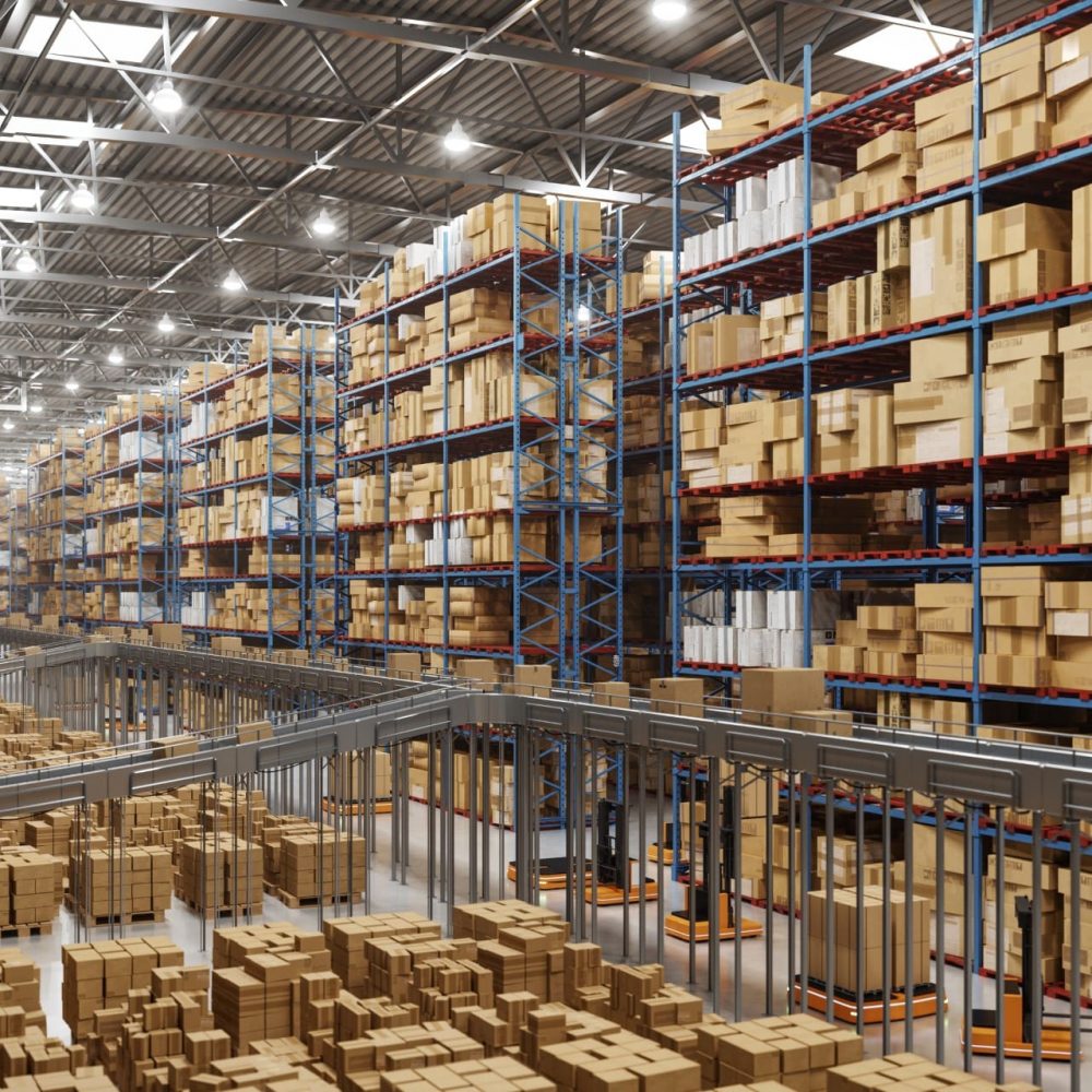 Large scale smart distribution warehouse, equipped with advanced technology for seamless operations. 
The scene features conveyor belts efficiently transporting cargo boxes, automated forklifts, and AGVs (Automated Guided Vehicles) working in harmony.