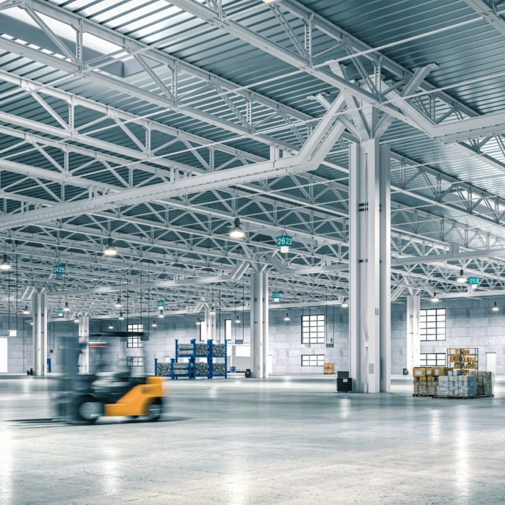 Wide-angle view of a spacious, well-lit warehouse with forklift in motion blur. 3d render